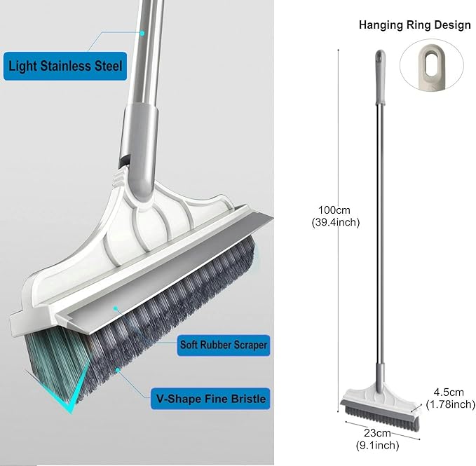 2 in 1 Floor Scrub Brush with V-Shape Stiff PVC Bristles, Stainless Steel Handle, Silver, 9x1.78x15.7 inches, 1 Count