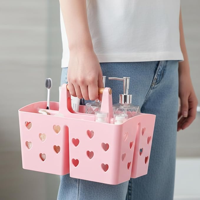 Pink Portable Shower Caddy with Handle, Large Plastic Shower Basket Organizer for College Dorm Room Essentials, Bathroom, Gym, Camping, Non-Slip Drainage Design for Toiletries & Cleaning Supplies