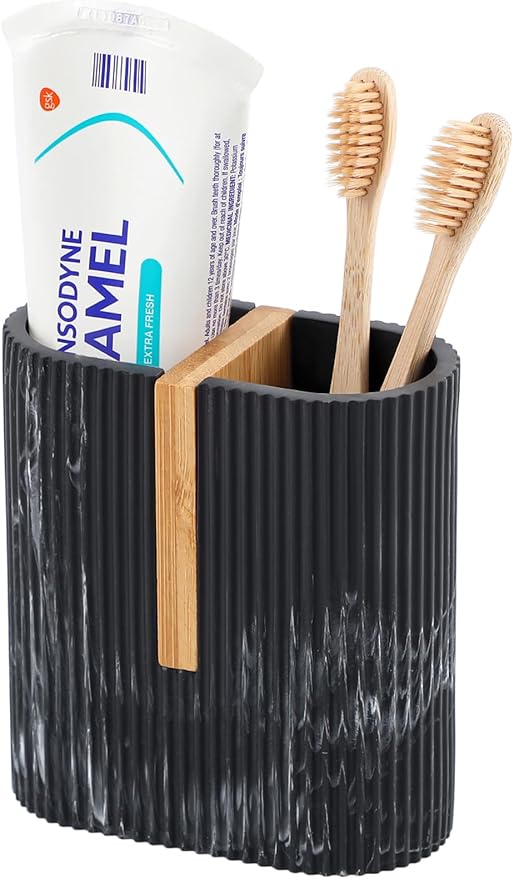 rejomiik Toothbrush Holders Electric Toothbrush Holder for Bathrooms, Bamboo Tooth Brushing and Toothpaste Storage Organizer for Sink, Countertop, Marble Black