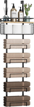 Towel Racks for Bathroom Over The Door Towel Racks Towel Storage Organizer with Metal Shelf Basket for Bathroom Rv Camper (7-Tier Black with Wood Plank)