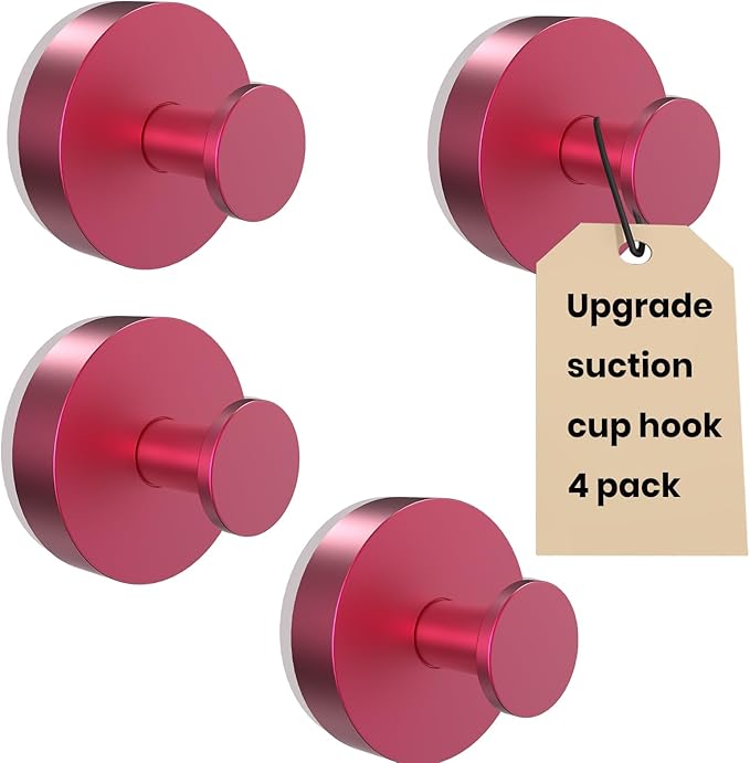 Vacuum Suction Cup Hooks for Shower 4 Pack, Heavy Duty Aluminum Alloy Towel Hooks for Bathroom Kitchen Glass Tile Mirror Wall No Drill Removable Robe Loofah Coat Suction Hooks Hanging-Red