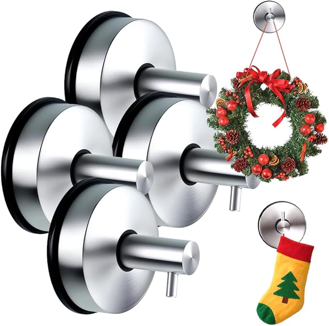 Suction Cup Hooks for Door Wreaths on Glass Suction Cup Hooks for Shower,2025 No Drill Hook Hanging Towels for Window Door Bathroom Mirrors Christmas,Wreath Hanger Holder for Daily Use (Silver-4pc)