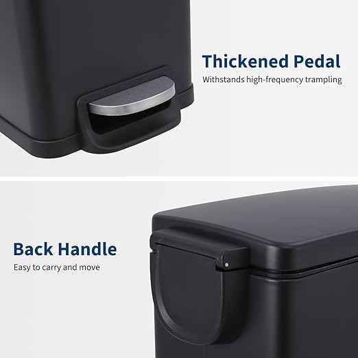 Garvee 12 Gal and 2.6 Gal Stainless Steel Trash Can Combo Set, Slim Garbage Can for Kitchen and Bathroom, Metal Trash Bin with Removable Inner Bucket & Step On Foot Pedal, Black