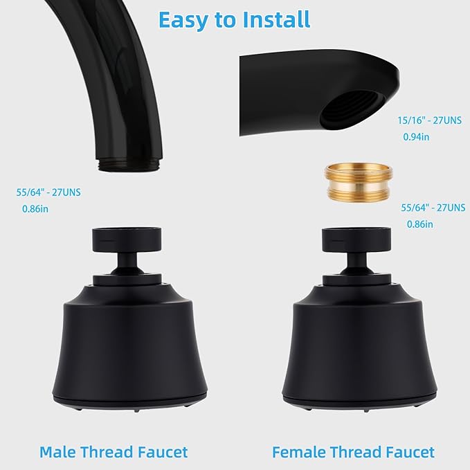 iFealClear Kitchen Sink Faucet Head with Metal Ball Joint, 360° Swivel Faucet Sprayer Head, Big Angle Faucet Aerator Adapter 55/64-27UNS Female Thread, 4 Spray Modes, Extra Brass Adapters, Matte Black