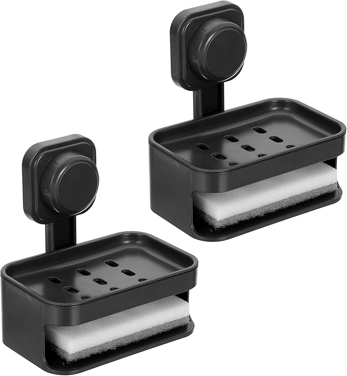 uxcell 2Pcs Suction Cup Soap Dish, Removable and Reusable Wall Mounted Double Bar Soap Holder for Shower No-Drilling Sponge Holder for Bathroom Kitchen, Black