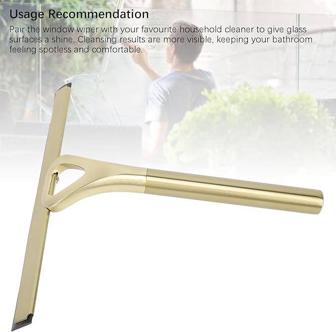 Shower Squeegee for Glass Doors, Stainless Steel and Silicone Shower Squeegee with Hook for Bathroom Mirrors and Window (Gold)