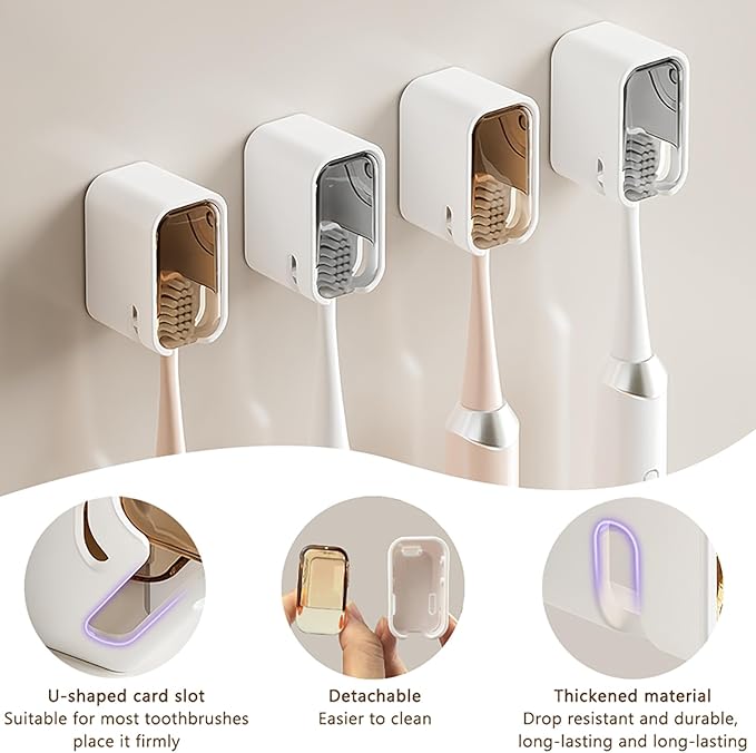 4PCS Toothbrush Holder with Cover Toothbrush Holders Wall Mounted Tooth Brush Holder for Bathroom Wall, Adhesive Single Toothbrush Organizer Storage for Shower and Travel