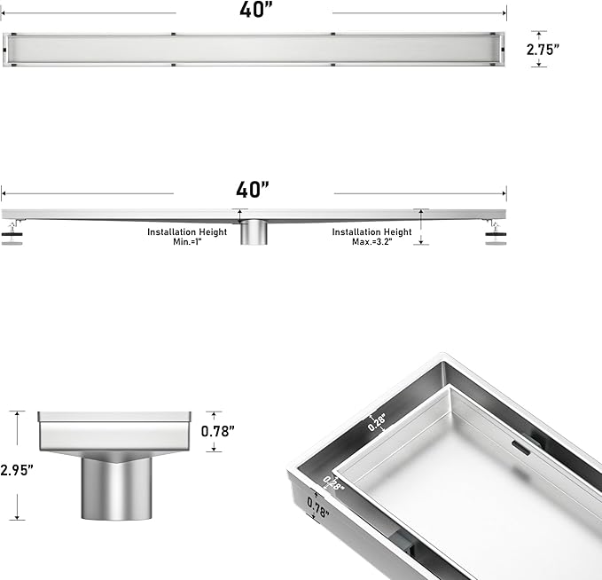 Linear Shower Drain 40" Brushed 304 Stainless Steel | Fast Drainage | Tile Inserted | Stainless Floor Drain Grate | Hair Strainer | Drain Key | The Upgrade for Your Bathroom