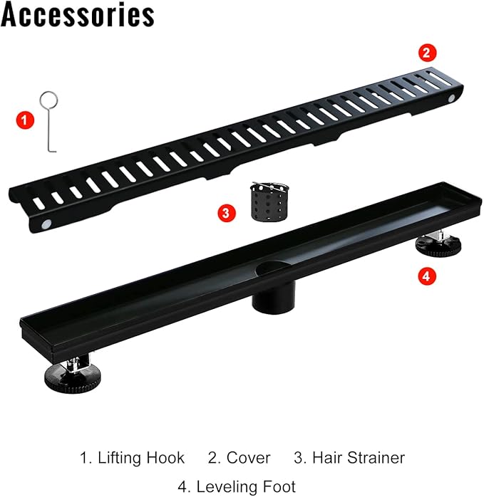 SaniteModar Linear Shower Drain, 24 inch Matte Black Shower Drain with Removable Capsule Pattern Grate,304 Stainless Steel Shower Drain Include Hair Strainer,Adjustable Leveling Feet
