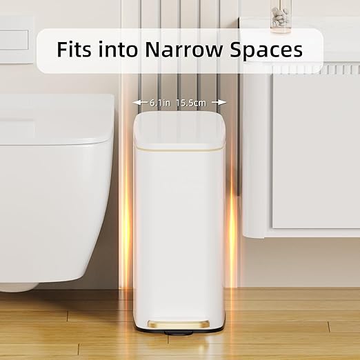 Small Bathroom Trash Can with Lid Soft Close, Step Pedal, 6L / 1.6 Gal Stainless Steel Garbage Bin with Removable Inner Bucket, Slim Wastebasket for Narrow Spaces (White)