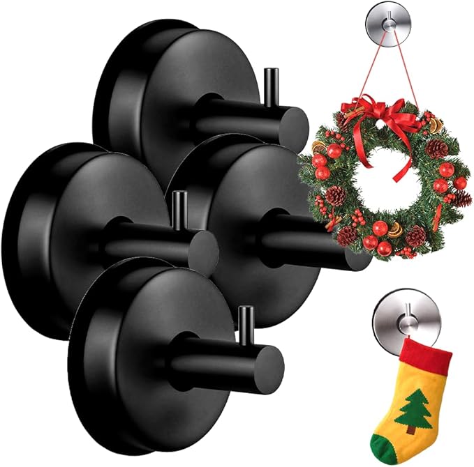 Suction Cup Hooks for Door Wreaths on Glass Suction Cup Hooks for Shower,2025 No Drill Hook Hanging Towels for Window Door Bathroom Mirrors Christmas,Wreath Hanger Holder for Daily Use (Black-4pc)