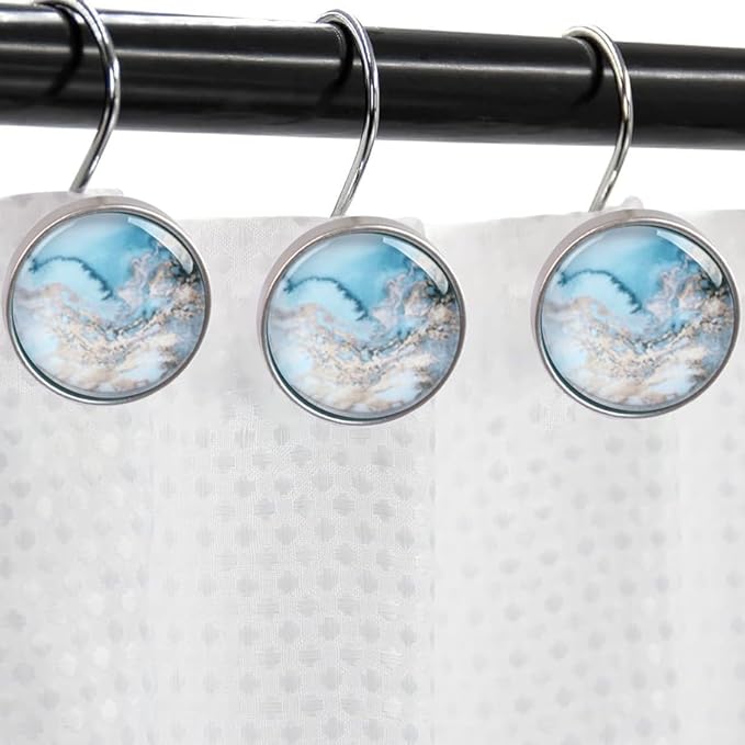 12PCS Blue Gray Glass Shower Curtain Hooks, Decorative Shower Curtain Rings Snowflake Texture Shower Hooks Rustproof Stainless Steel, Bathrom Decor