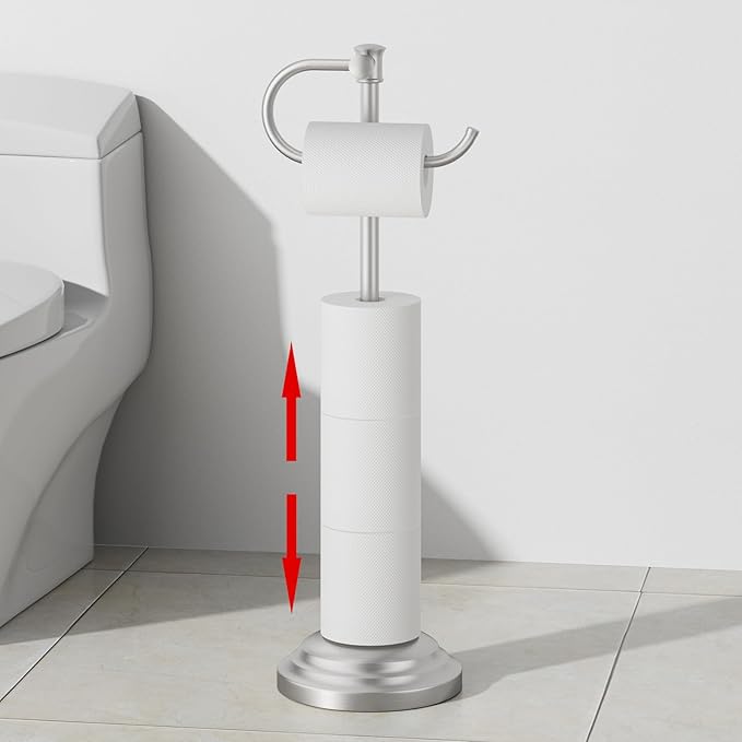 RUMOSE Toilet Paper Holder Stand for Floor, Brushed Nickel Bathroom Free Standing Toilet Tissue Roll Holder with Storage, Adjustable 17-25 Inch, SUS304 Stainless Steel