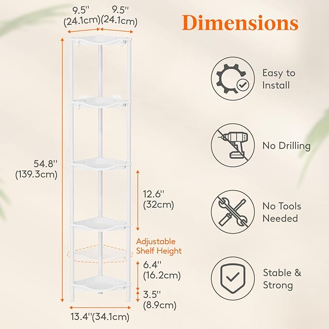 Lifewit Floor Standing Shower Caddy Corner, 5 Tier Plastic Shower Stand Rack with Adjustable Feet and Hooks, Rustproof Bathroom Shelf Organizer, White，34 x 24 x 139 cm/13 x 9.5 x 55 inch