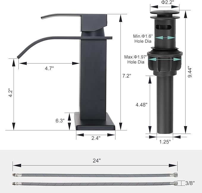 ARCORA Waterfall Bathroom Faucet Matte Black Faucet for Bathroom Sink Single Handle Mixer Tap Lavatory Vanity Faucet with Deck Plate and Pop Up Drain, 1 or 3 Hole