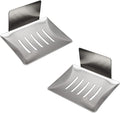 2 Pack Soap Dish for Shower Wall, Stainless Steel Adhesive Soap Holder for Bathroom, 5 Slot Sponge Holder for Kitchen Sink, Bar Soap Tray with Drain Silver