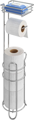 Simple Trending Toilet Paper Holder Free Standing,Toilet Paper Stand with Shelf for 4 Rolls, for Phones,Tissues,Wipes and Bathroom Toilet Paper Storage, Chrome
