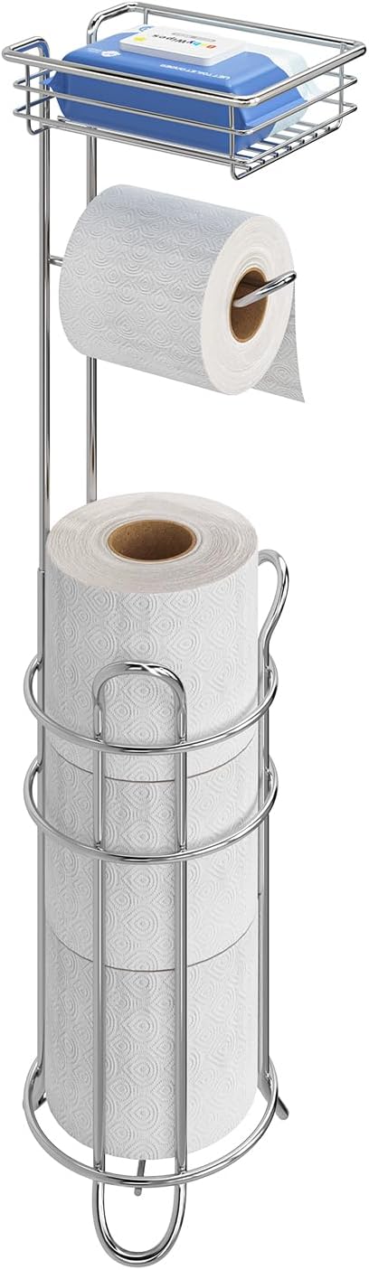 Simple Trending Toilet Paper Holder Free Standing,Toilet Paper Stand with Shelf for 4 Rolls, for Phones,Tissues,Wipes and Bathroom Toilet Paper Storage, Chrome