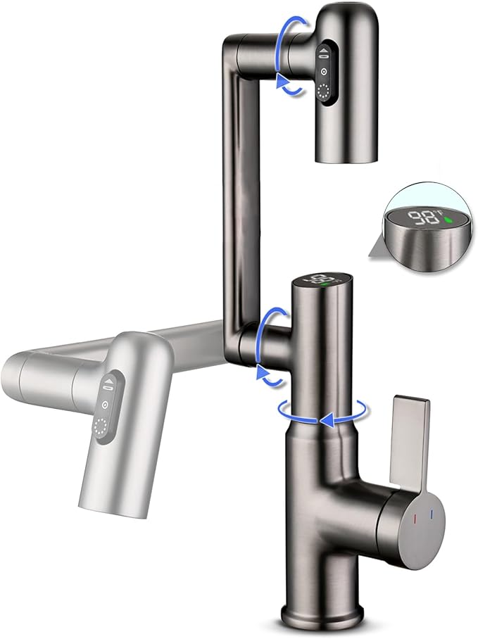 Rotatable Bathroom Faucet with Temperature Display in Fahrenheit(Batteries-Free), Height Adjustable Sink Smart Faucet with 3 Water Settings for Bathroom RV Lavatory Vanity Sink, LCF-2401, Matte Grey