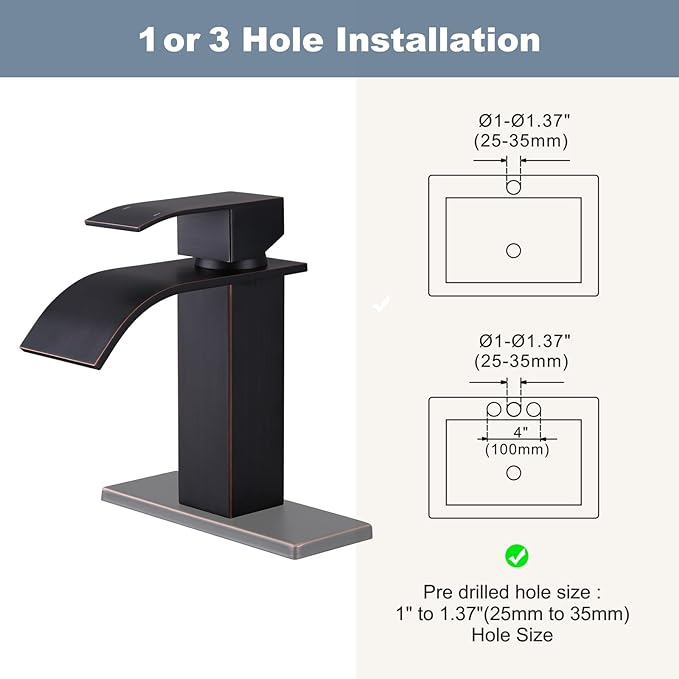 Oil Rubbed Bronze Bathroom Faucet: ARCORA Waterfall Spout Faucet for Bathroom Sink Single Handle Mixer Tap Lavatory Vanity Sink Faucet with Deck Plate and Pop Up Drain, 1 or 3 Hole
