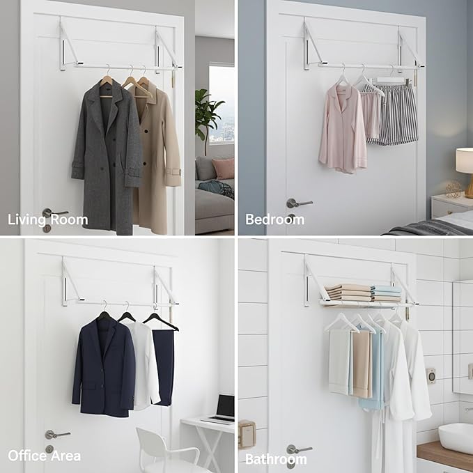 Over The Door Clothes Hanger Rack Foldable Space-Saving Over The Door Hooks for Laundry Drying Bathroom Towels & Home Office(White)