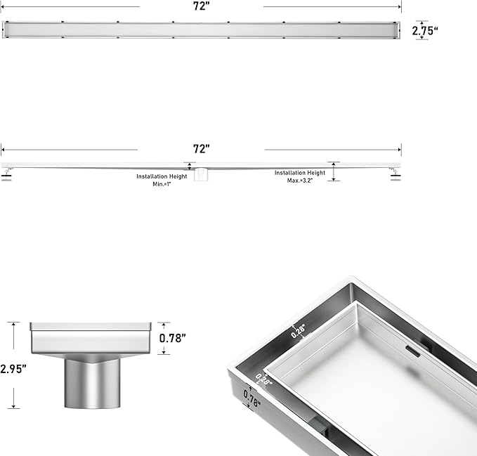Linear Shower Drain 72" Brushed 304 Stainless Steel | Fast Drainage | Tile Inserted | Stainless Floor Drain Grate | Hair Strainer | Drain Key | The Upgrade for Your Bathroom