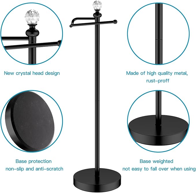 Paper Holder Stand for Floor-Free Standing Toilet Paper Holder Stand for Bathroom Total Height 24.4" with Crystal Ball, Matte Black Finished