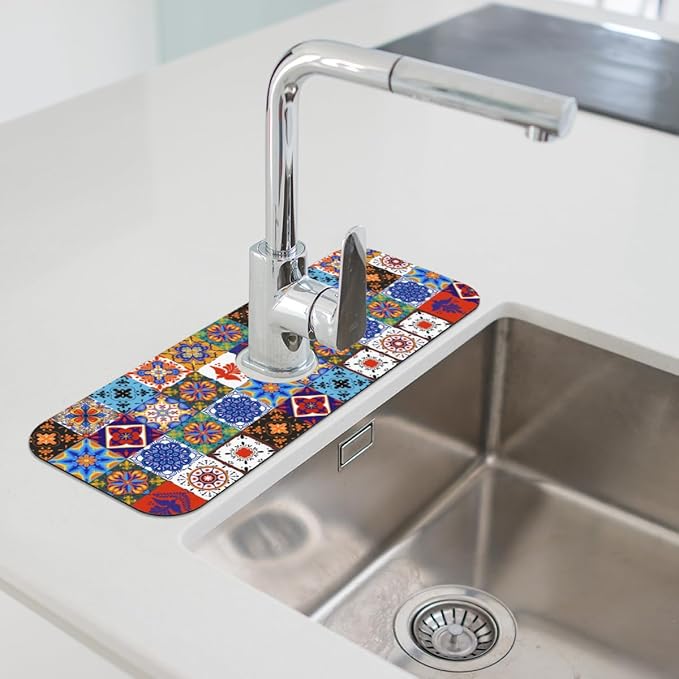 Kitchen Sink Splash Guard Faucet Mat Talavera Mexican Boho 2PCS Absorbent Fast Drying Faucet Guard & Draining Mat Sink Splash Guard Behind Faucet Drip Catcher for Kitchen Bathroom RV (15.4" X 5.7" )