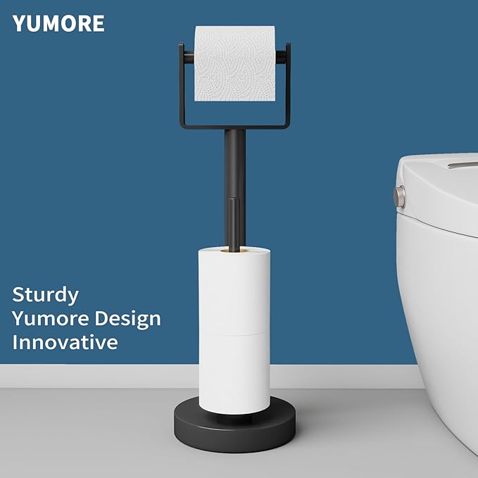 YUMORE Toilet Paper Holder Stand with Storage, Bathroom Weighted Base Floor Toilet Paper Roll Holder Free Standing for 3 Rolls, Matte Black