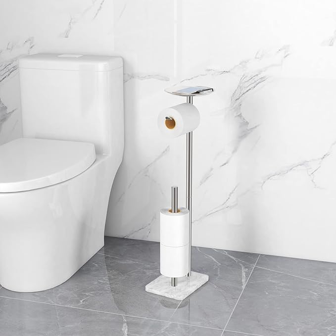 Toilet Paper Holder Stand for Bathroom Floor Standing Toilet Roll Dispenser Storages 4 Reserve Rolls, with Top Storage Shelf for Cell Phones, Wipe, Wallet and More(Marble Brush Nickel)