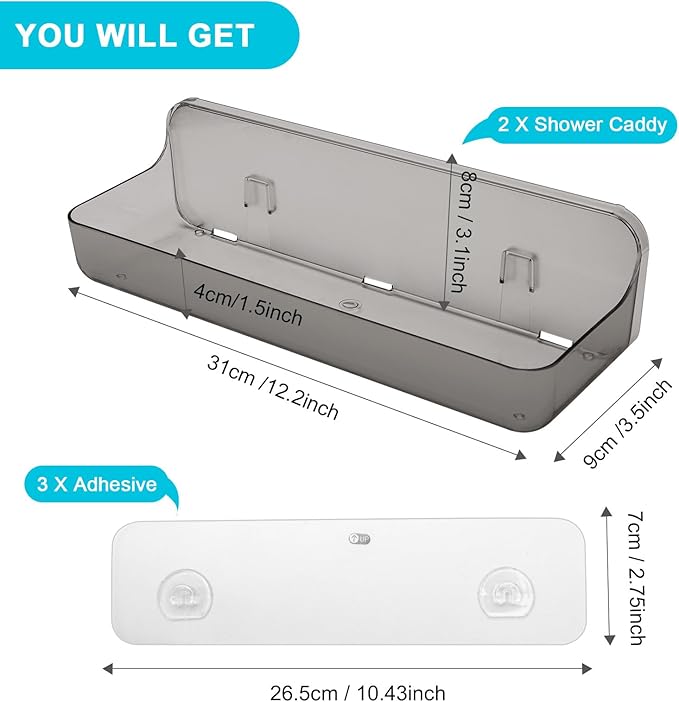 CGBE 2-Pack Acrylic Shower Shelves, Large Capacity Adhesive Shower Shelf, No Drilling Adhesive Bathroom Shelf with Drain Holes,Clear Wall Mount Organizer for Bathroom Storage