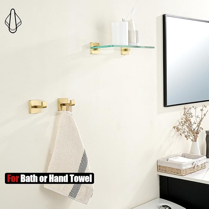 JQK Bathroom Towel Hook Gold, Coat Robe Clothes Bath Wall Hooks for Kitchen Garage SUS 304 Stainless Steel Thick 0.8mm, 2 Pack Brushed Gold, TH250-BG-P2