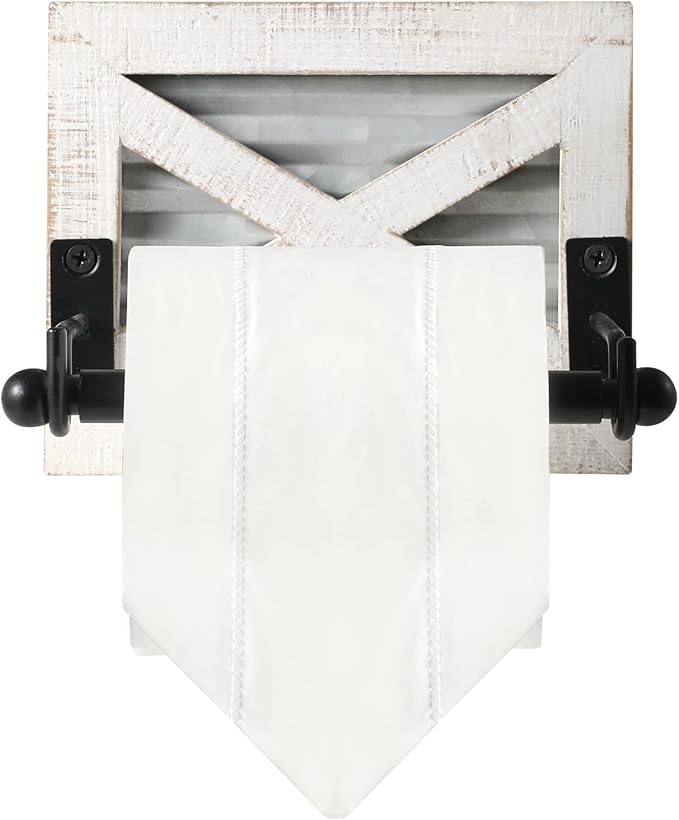 Farmhouse Toilet Paper Holder with Galvanized Metal& Black Metal - Rustic Weathered White Wood Wall Mount Toilet Roll Holder for Bathroom Decor