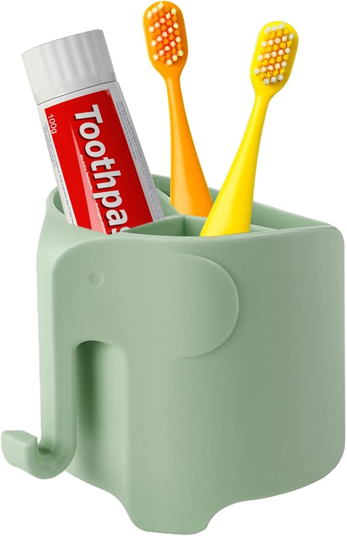 RyanLemon Elephant Toothbrush Holder for Kids,Cute Toddler Toothbrush Holder, Suction Cup Electric Toothbrush and Toothpaste Holder for Toddler with 3 Slots and a Hook for Hanging Bath Ball, Green