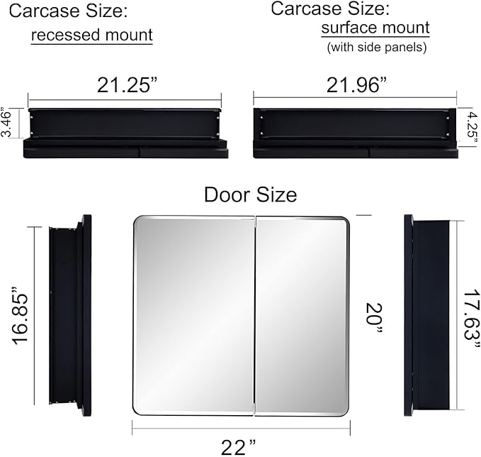 LED Bathroom Medicine Cabinet with Round Corner Framed Mirror Door 22 x 20 inch, Recessed or Surface Mount, with Adjustable Glass Shelves Shelves