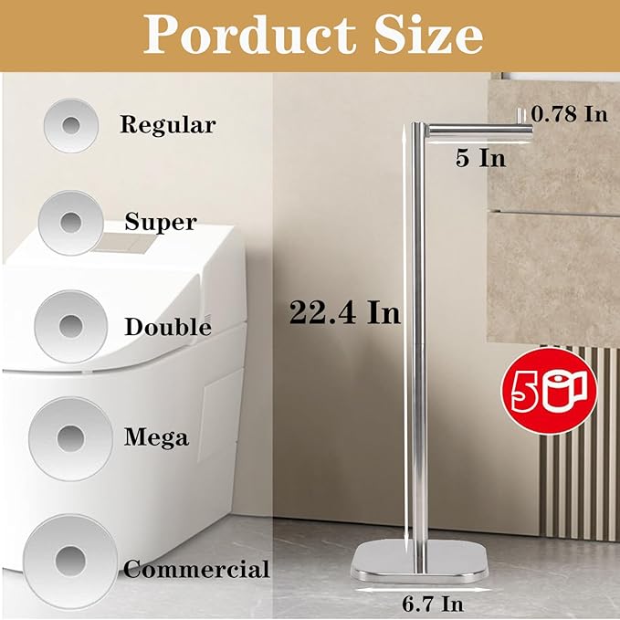 Toilet Paper Holder Stand, Free Standing Tissue Paper Storage for Bathroom, Stainless Steel Toilet Paper Stand with Reserve for 5Roll Weighted Base Bathroom Toilet Roll Holder(Brushed Nickel)