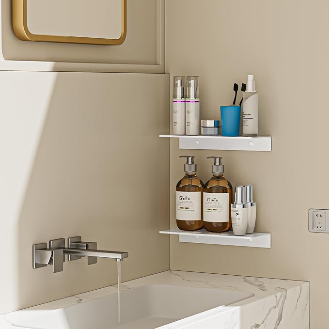 White Metal Floating Shelf 2-Piece Set, Adhesive Wall Shelves in Thickened Aluminium Wall Mounted Shower Caddy, Ideal for Display & Storage in Living Room, Bedroom, Bathroom (11.7")