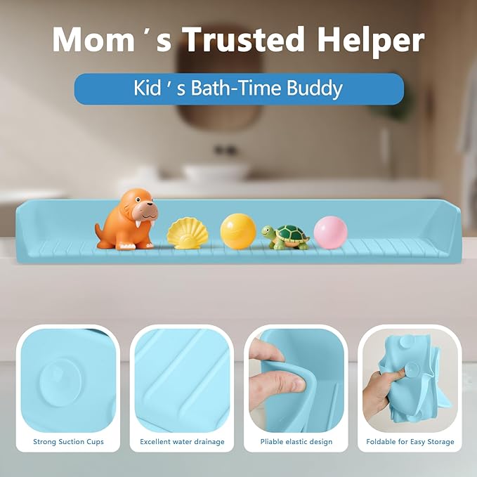 2.6-Ft Bathtub Splash Guard for Tub Kids, Silicone Splash Shield with 11 Suction Cups, Toy Tray Shelf, No Spill Water Barrier, Prevents Mess, Fun Bathtime for Toddlers Baby–Blue