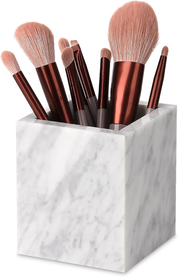 Natural Marble Toothbrush Holder for Bathroom Countertop (8.5x8.5x10cm) - Multifunctional Organizer for Makeup Brushes, Vanity Accessories & Utensils Sink(Carrara White)