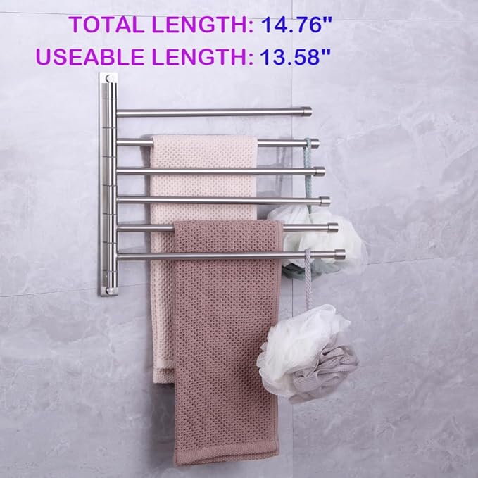 Swivel Towel Bar 6-Arm Bathroom Towel Holder Wall-Mounted Swing Out Towel Rack with Hooks Rustproof Brushed Finish