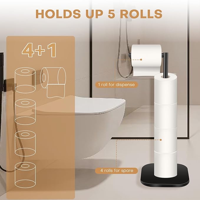 Toilet Paper Holder Stand Freestanding, Matte Black Toilet Paper Stand for Bathroom, Stainless Steel Toilet Paper Roll Holder with Storage,Tissue Holder,Non-Slip,Rust Proof