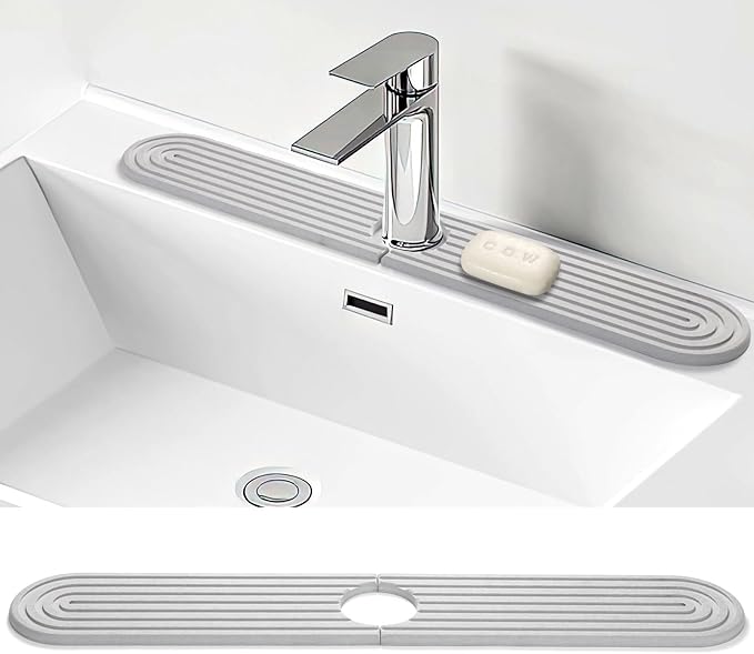 Shinowa Faucet Mat for Kitchen Sink, Diatomite Kitchen Sink Splash Guard, Quick Drying Water Stone for Kitchen Sink, Sink Splash Guard for Kitchen Bathroom,Included Sand Paper (Light Grey, 24'' x 4'')