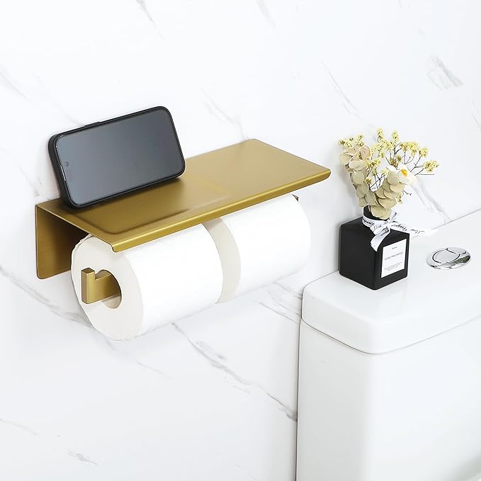 Alise Toilet Paper Holder,Bathroom Tissue Holder with Shelf,SUS304 Stainless Steel Double Toilet Paper Roll Holder Storage Dispenser,Self Adhesive or Wall Mount Drilling Paper Rack,Golden GYT5002-G