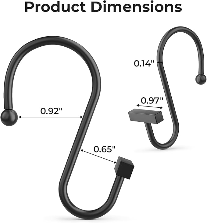 Shower Curtain Hooks, Black Shower Curtain Rings Rust Proof, 12PCS Shower Hooks for Shower Curtain, T-Bar Design Convenient Elegant Shower Curtain Hangers for Bathroom Kitchen Wardrobe