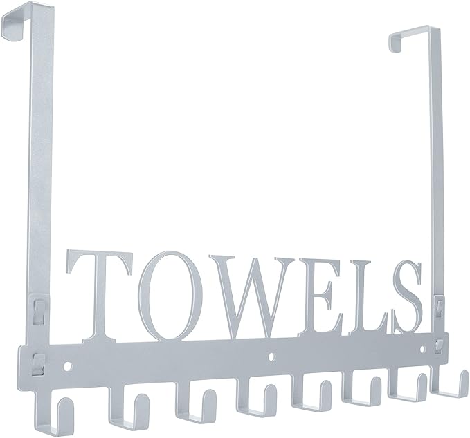 Over The Door Hooks, Heavy Duty Wall Mount Towel Hanger with 8 Hooks for Bedroom, Bathroom, Kitchen Towels, Silver