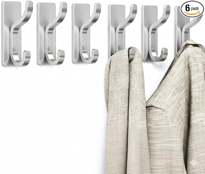 pickpiff Adhesive Wall Coat Hooks - Heavy Duty Stick-On Door Hanger, Metal Hook for Hanging Towel,Purse, Robe, Backpack, Jacket, Clothes - for Bathroom,Dorm, Closet, Kitchen - Silver, 6 Pack