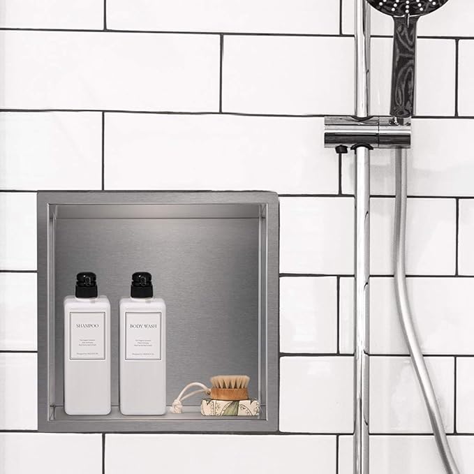 12"×12" Shower Niche Brushed Stainless Steel, Recessed Shower Caddy, Bathroom Shelf Insert Fits for 11"x11" Wall Hole Installation (Nickel)