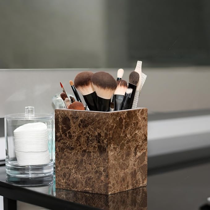 Natural Marble Toothbrush Holder for Bathroom Countertop (8.5x8.5x10cm) - Multifunctional Organizer for Makeup Brushes, Vanity Accessories & Utensils Sink (1, Dark Brown)