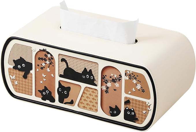 Kitty Cat Tissue Box Cover Rectangle, 4 Inches High Tissue Box Holder for 120(3-Ply)/160(2-Ply) Count Boxes, Stylish Curved Edge Tissue Holder for Bathroom Living Room Car Office (Beige)