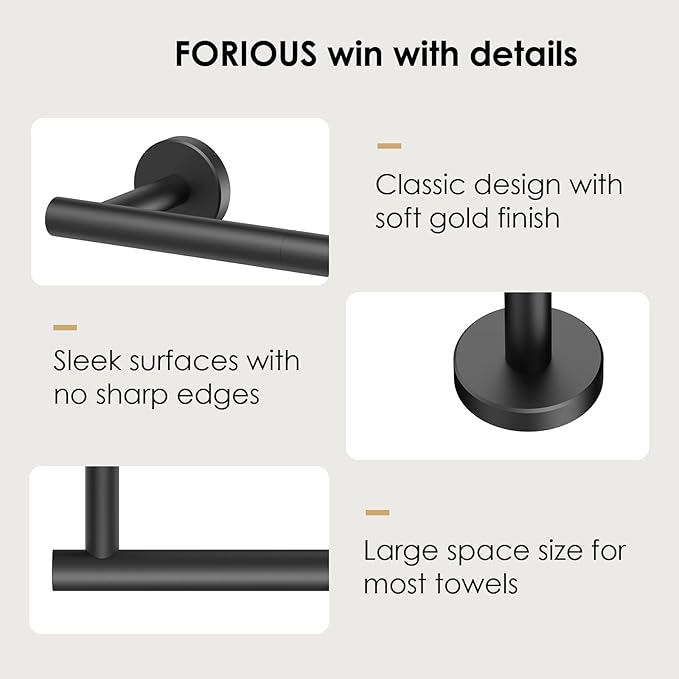 FORIOUS Towel Bar Wall Mounted, Stainless Steel Towel Racks for Bathroom 18 Inch, Includes Wall Mounting Hardware (Matte Black, Total Length 20 Inch)
